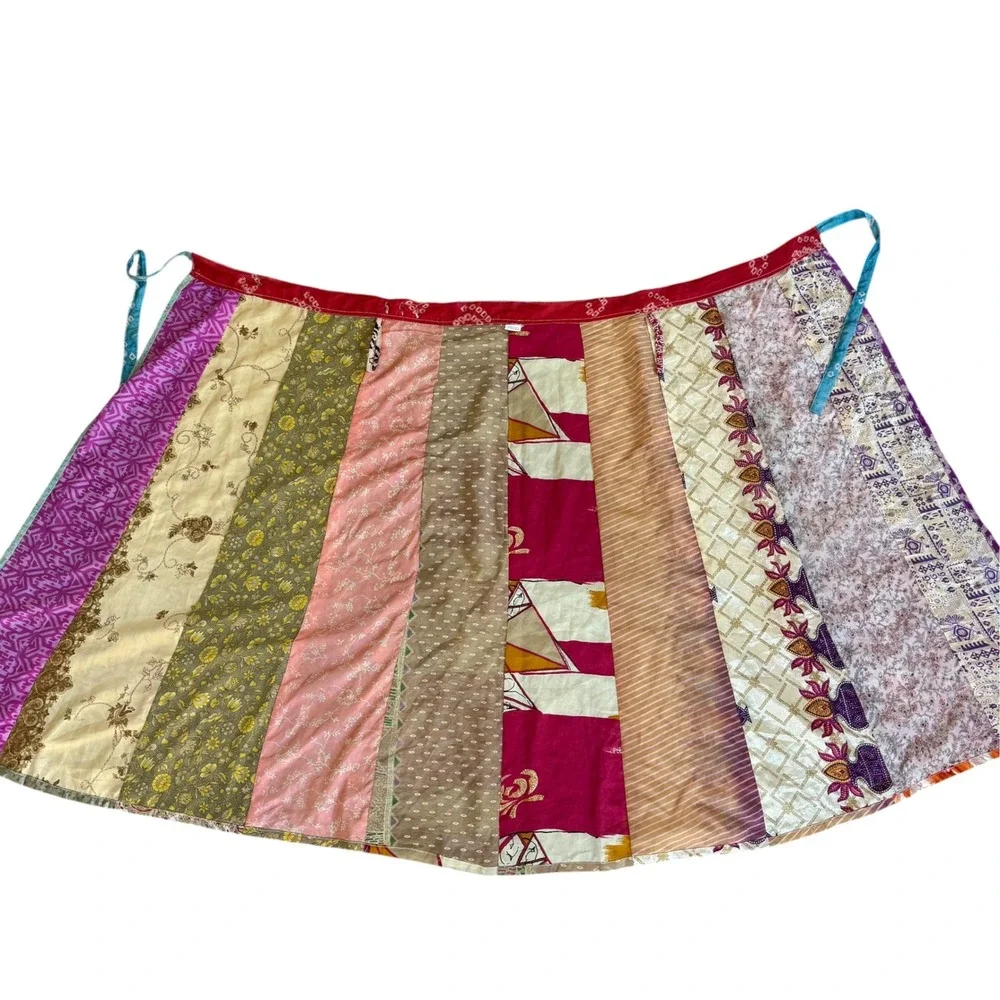 Reversible Silk Blend Patchwork Wrap Maxi Skirt Recycled Sari Boho NEW